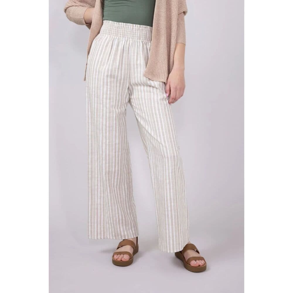 Smocked Waist Linen Wide Leg Pants for Women in Taupe