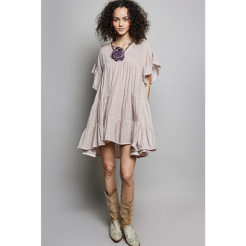 POL Boho Tiered Gauze Cotton Ruffle Flutter Sleeve Mini Dress - Thumbnail 4