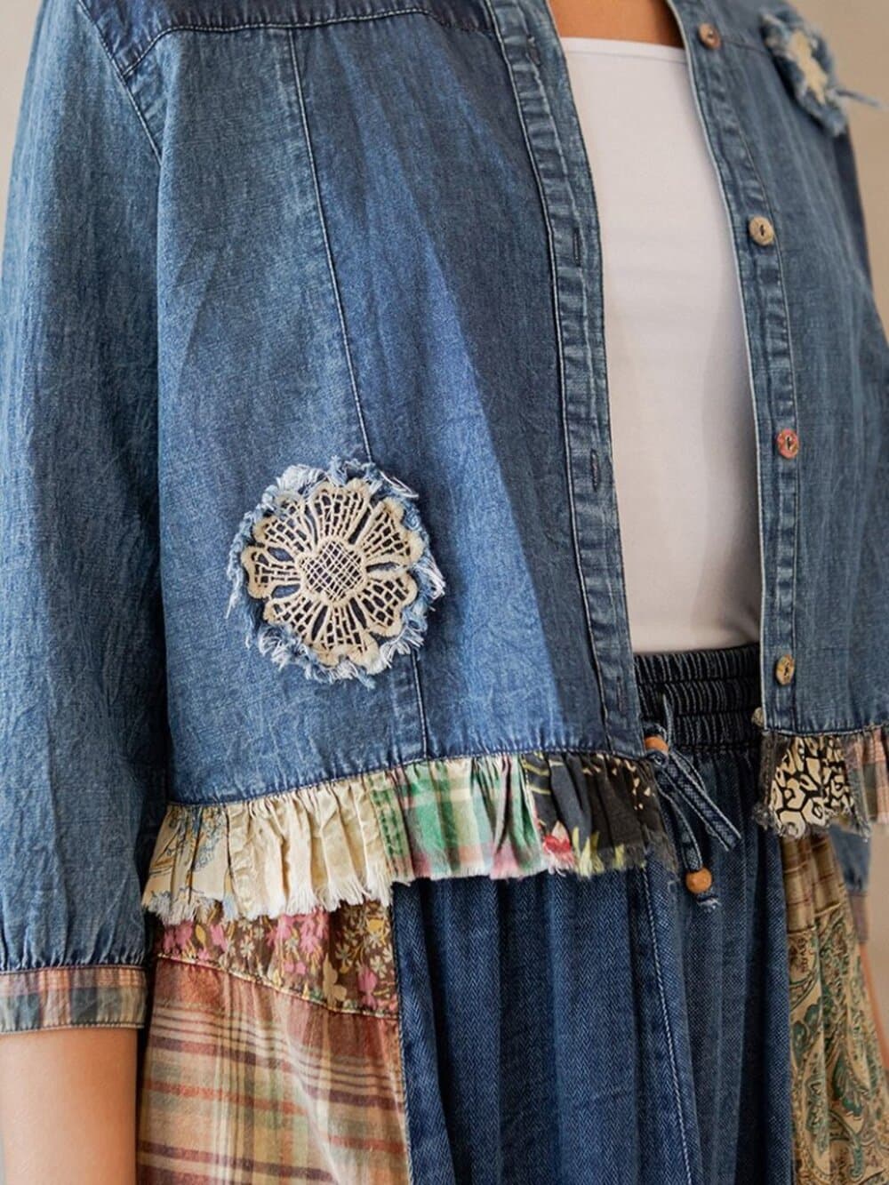 Western Boho Chic: Patchwork Cropped Denim Jacket - Thumbnail 3