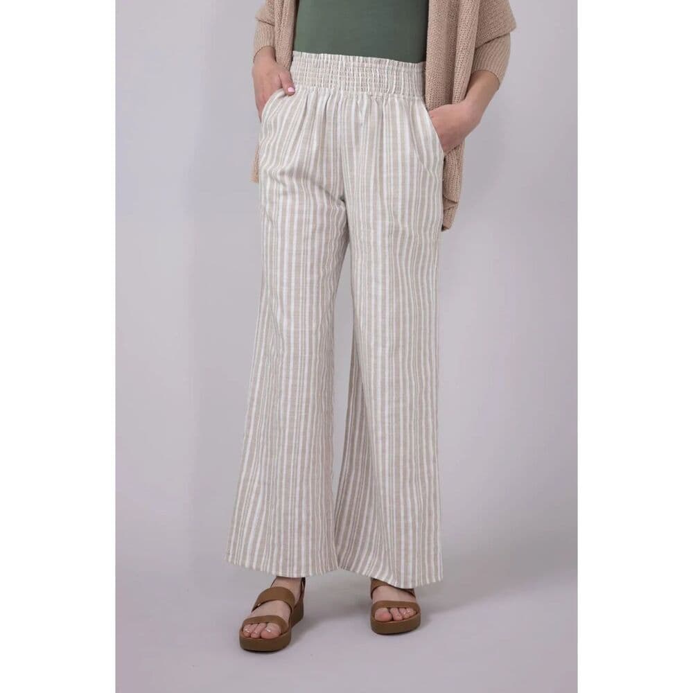 Smocked Waist Linen Wide Leg Pants for Women in Taupe - Thumbnail 3
