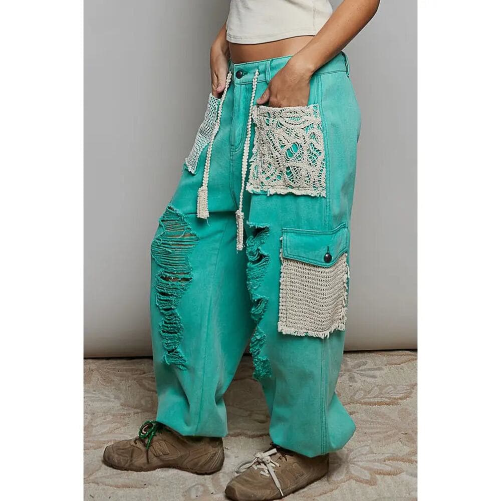 POL Vintage Wash Crochet Patches Distress Jogger Pants - Thumbnail 2