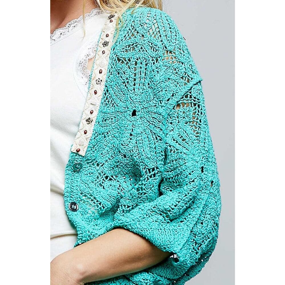 POL Elegant Crochet Cardigan - Teal - Thumbnail 4