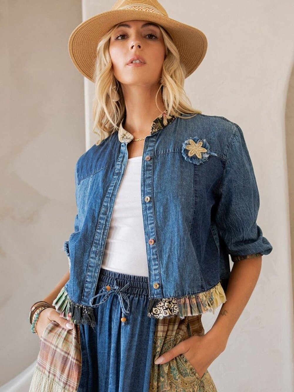 Western Boho Chic: Patchwork Cropped Denim Jacket