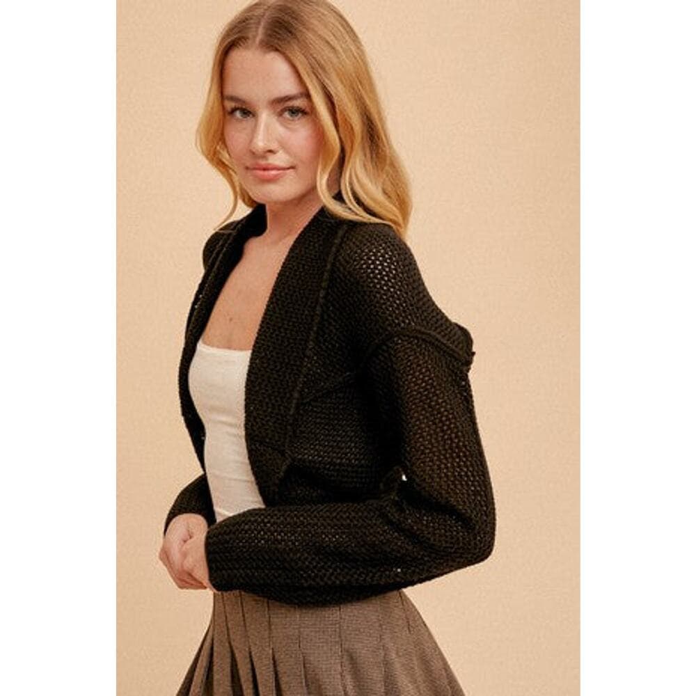 Open Crochet Knit Bolero - Black - Thumbnail 2