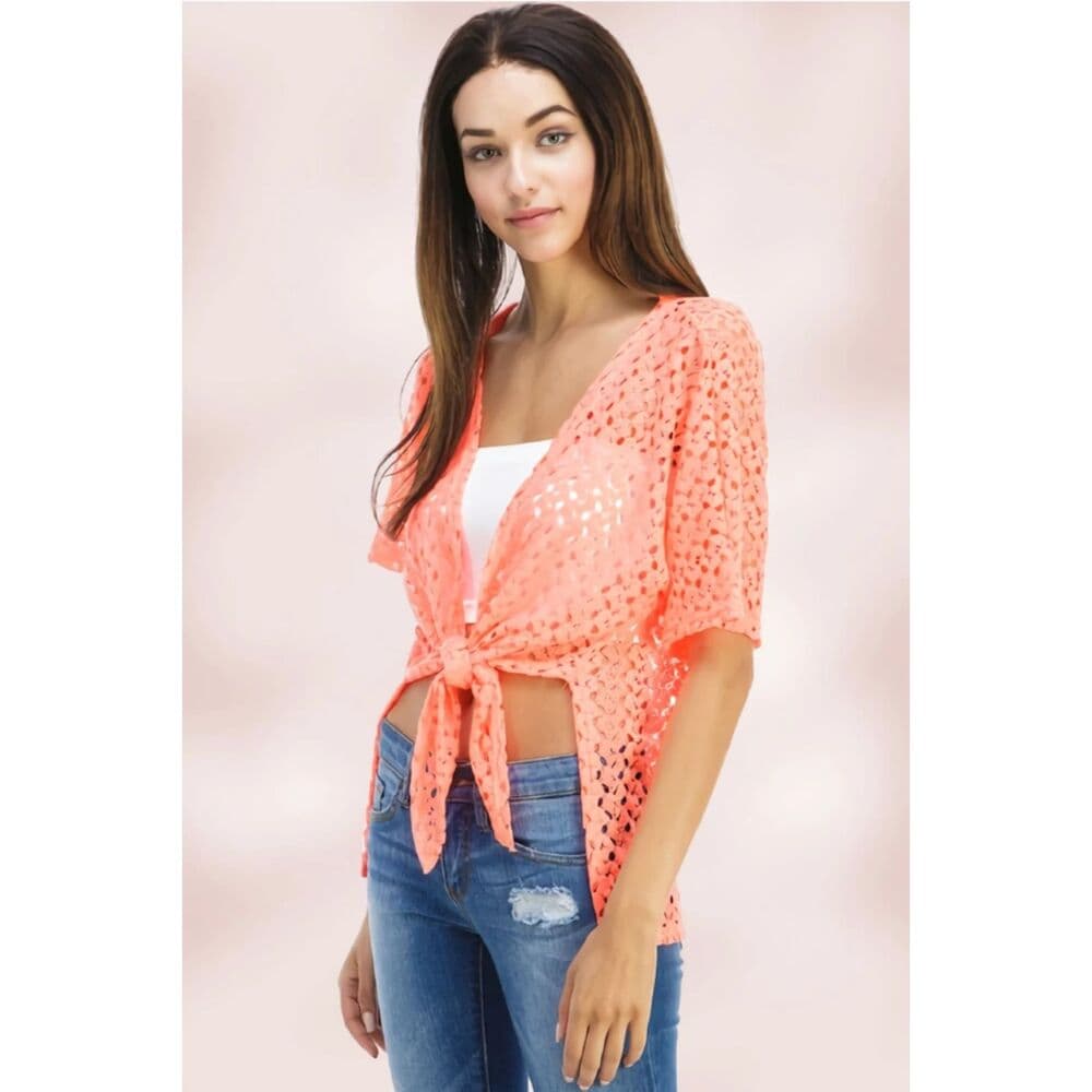 Tie-Front Sheer Crochet Cardigan Shrug in Orange - Thumbnail 2