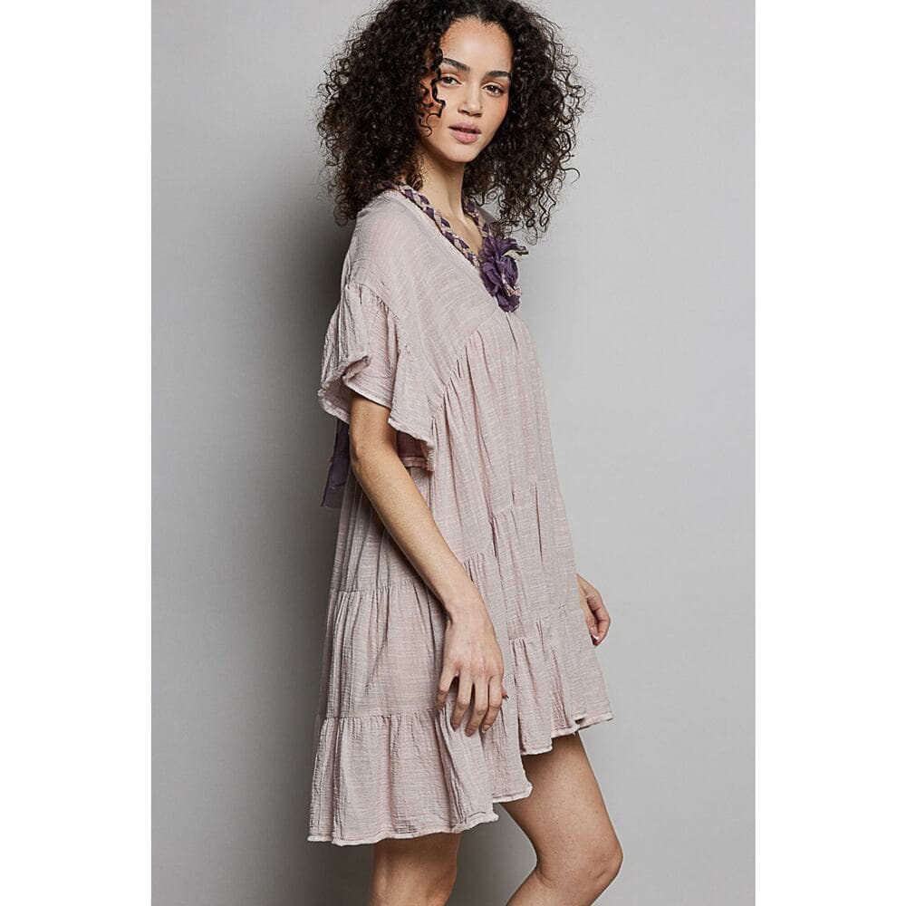 POL Boho Tiered Gauze Cotton Ruffle Flutter Sleeve Mini Dress - Thumbnail 2