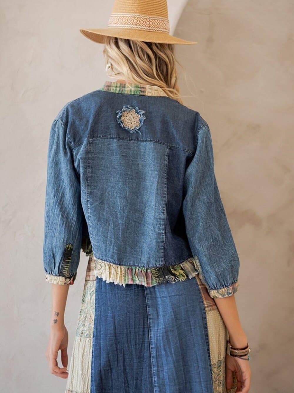 Western Boho Chic: Patchwork Cropped Denim Jacket - Thumbnail 2