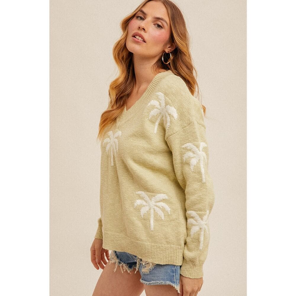 V-neck Loose Fit Palm Tree Sweater Top - Thumbnail 2