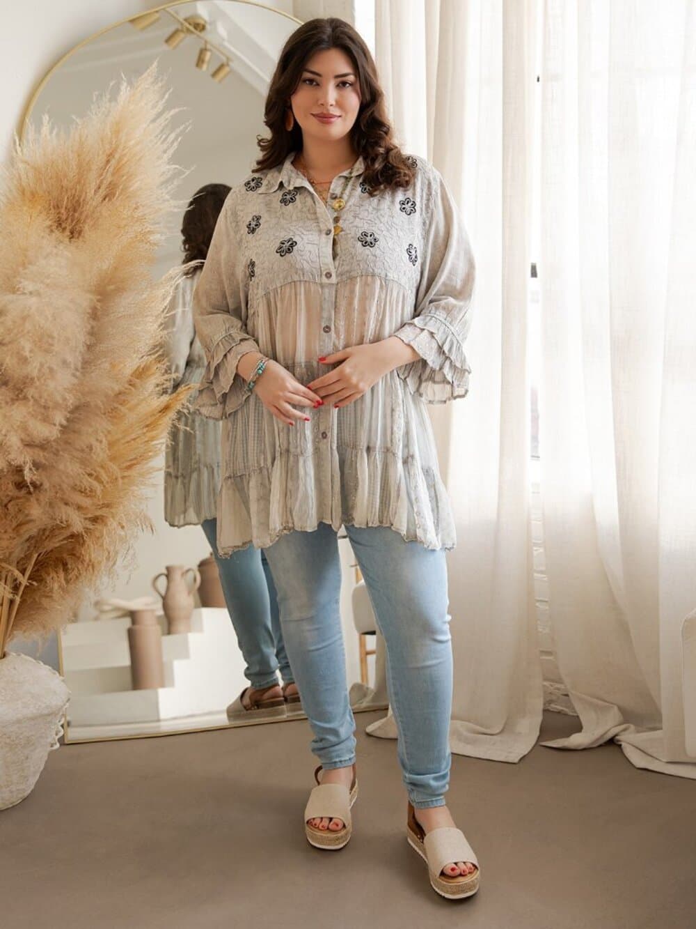 Women’S Mexican Embroidery Blouse Gathered Waist Shirt - Thumbnail 6