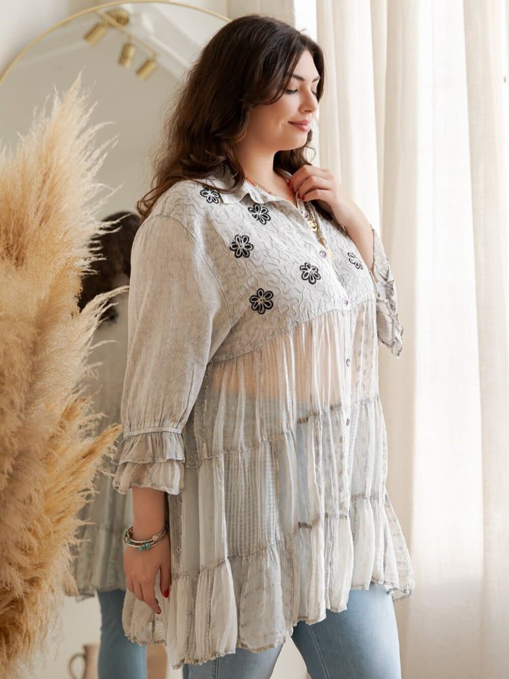 Women’S Mexican Embroidery Blouse Gathered Waist Shirt - Thumbnail 3