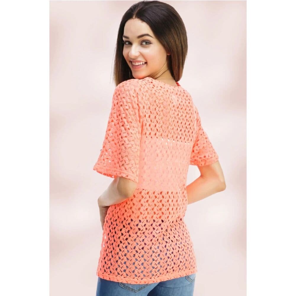 Tie-Front Sheer Crochet Cardigan Shrug in Orange - Thumbnail 4