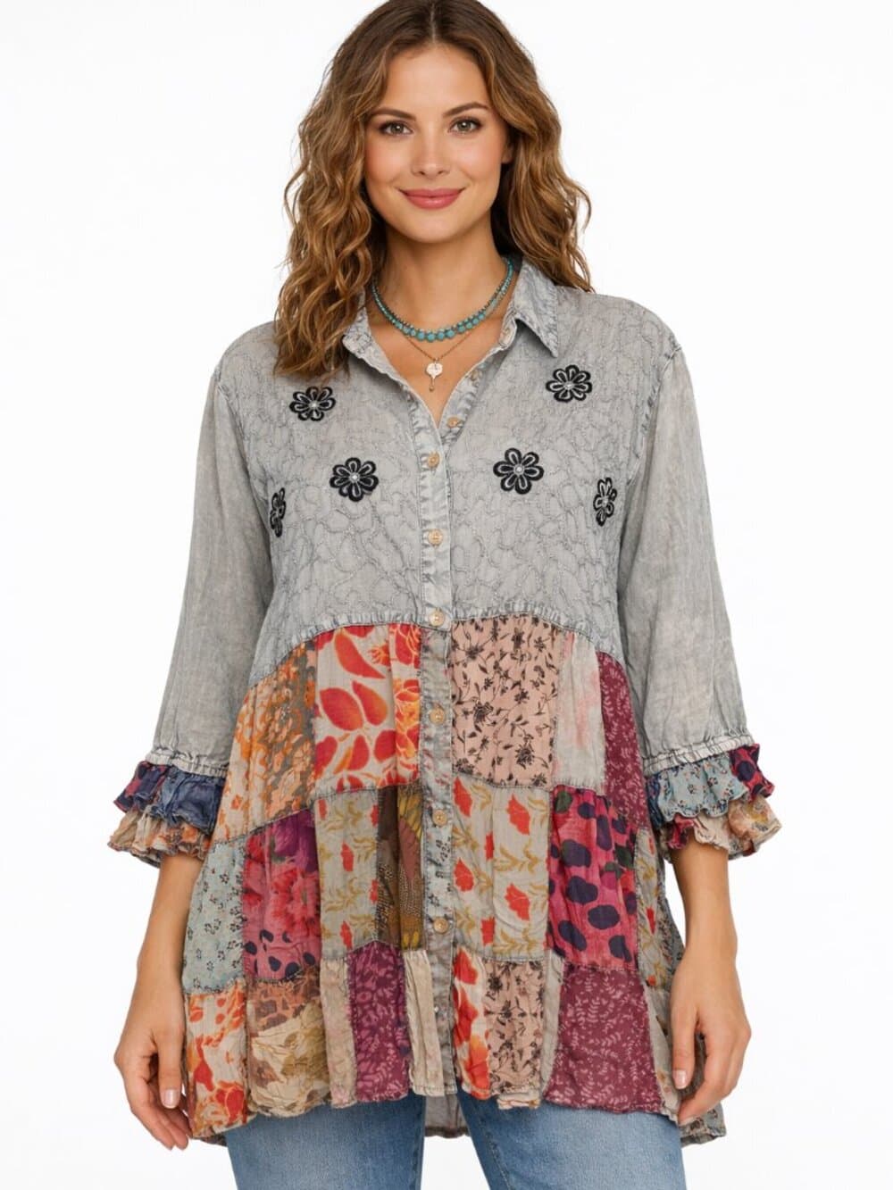 Women’S Mexican Embroidery Blouse Gathered Waist Shirt - Thumbnail 11