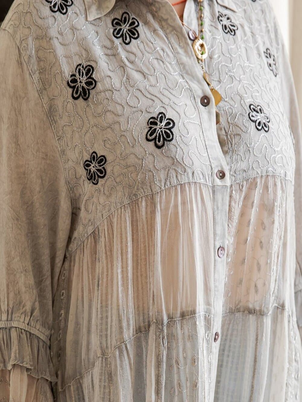 Women’S Mexican Embroidery Blouse Gathered Waist Shirt - Thumbnail 5