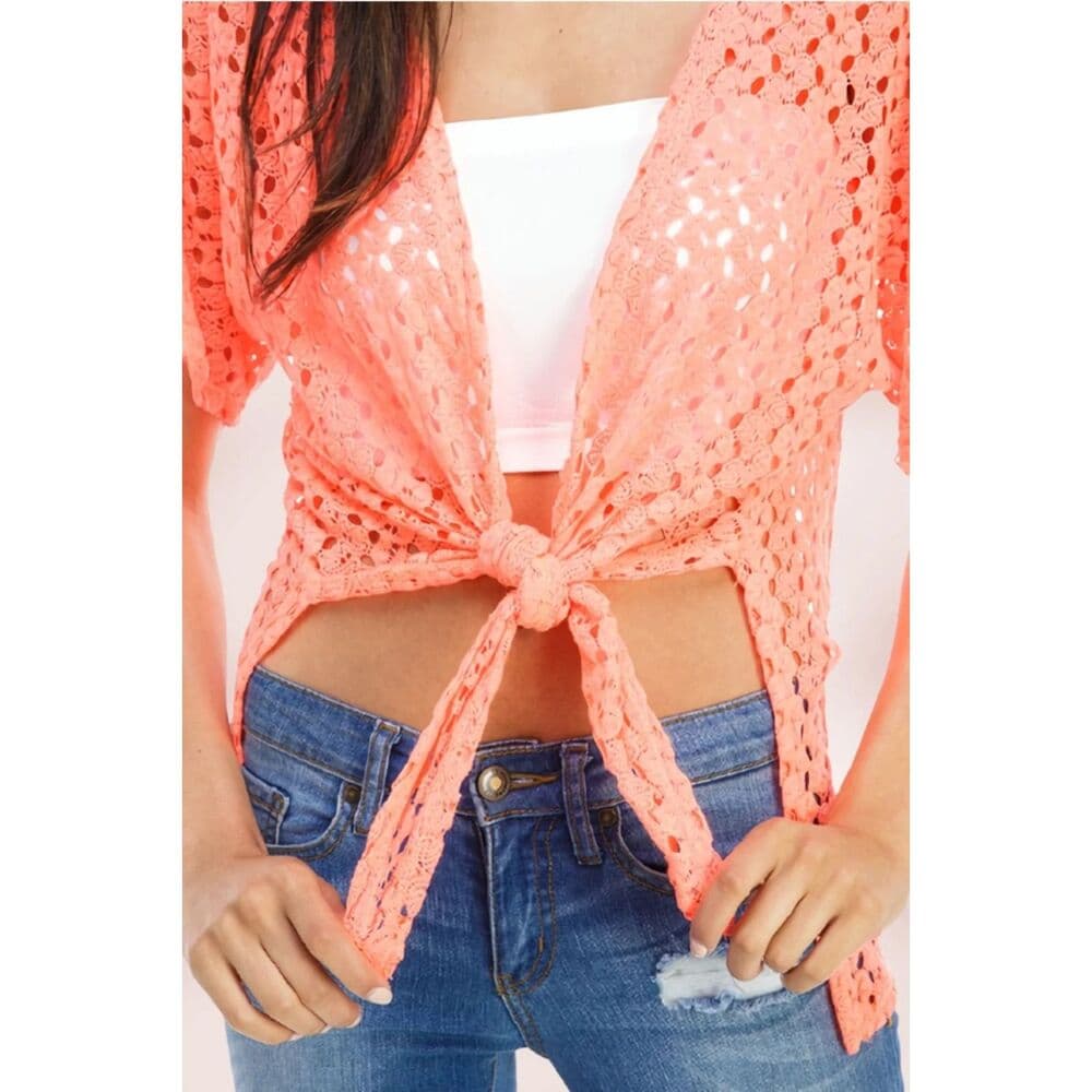 Tie-Front Sheer Crochet Cardigan Shrug in Orange - Thumbnail 5