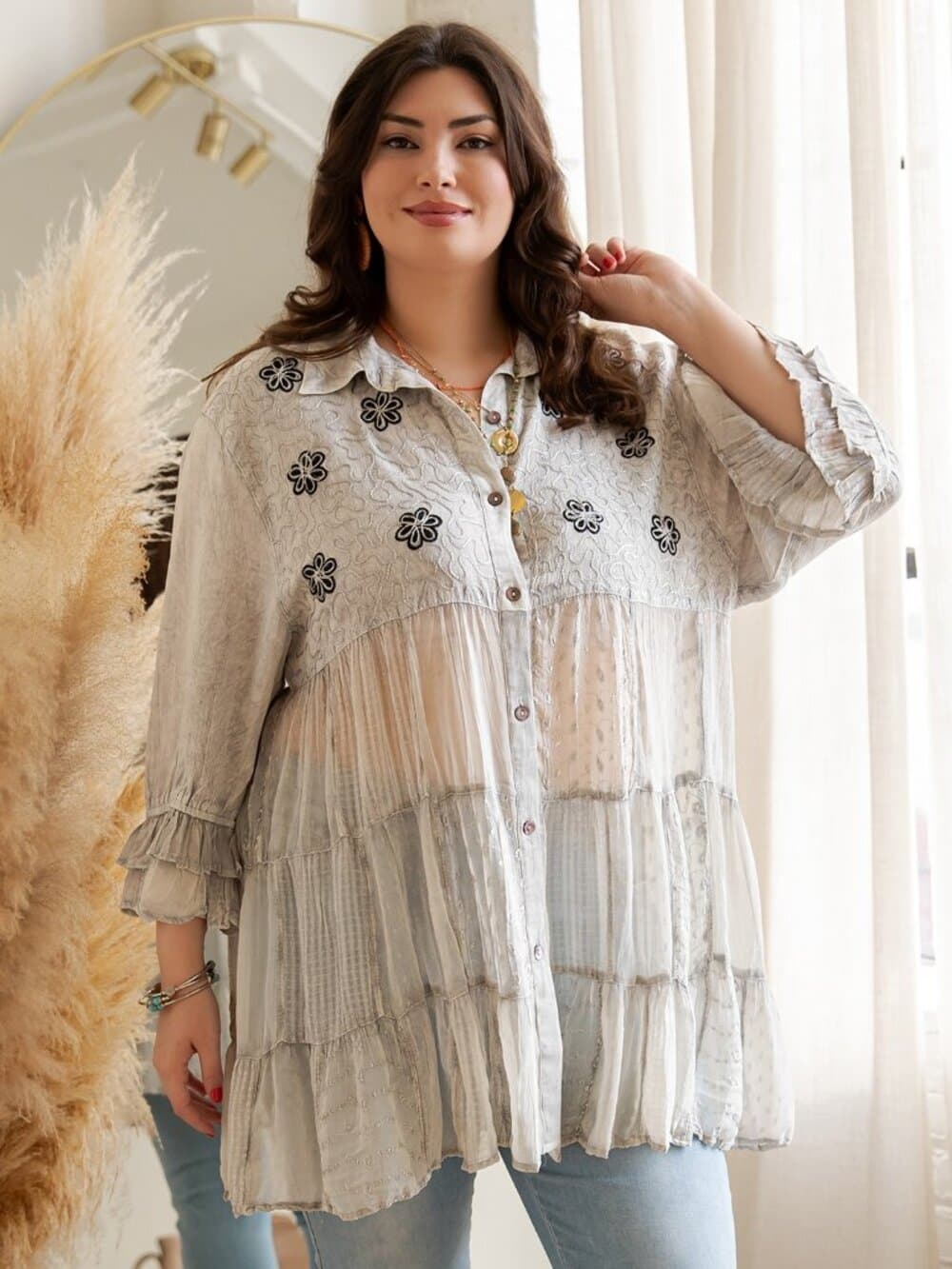 Women’S Mexican Embroidery Blouse Gathered Waist Shirt - Thumbnail 2