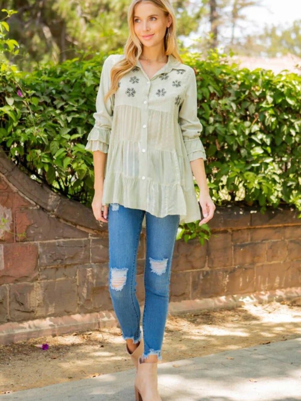 Women’S Mexican Embroidery Blouse Gathered Waist Shirt - Thumbnail 7