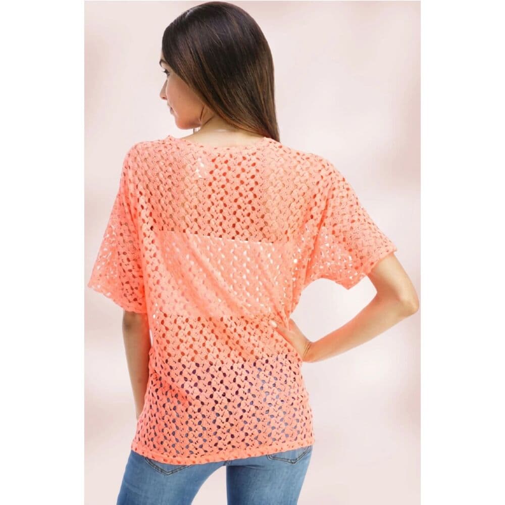 Tie-Front Sheer Crochet Cardigan Shrug in Orange - Thumbnail 3