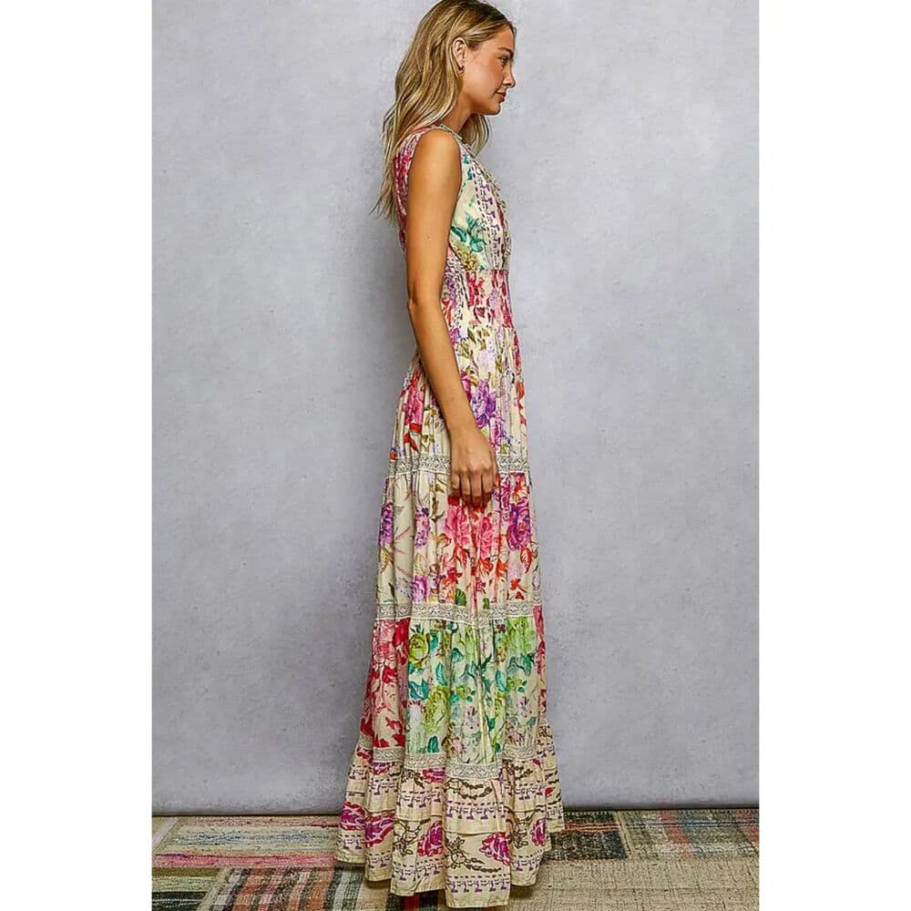 POL Feminine V-Neck Smocked Waist Ruffle Floral Maxi Dress - Thumbnail 2