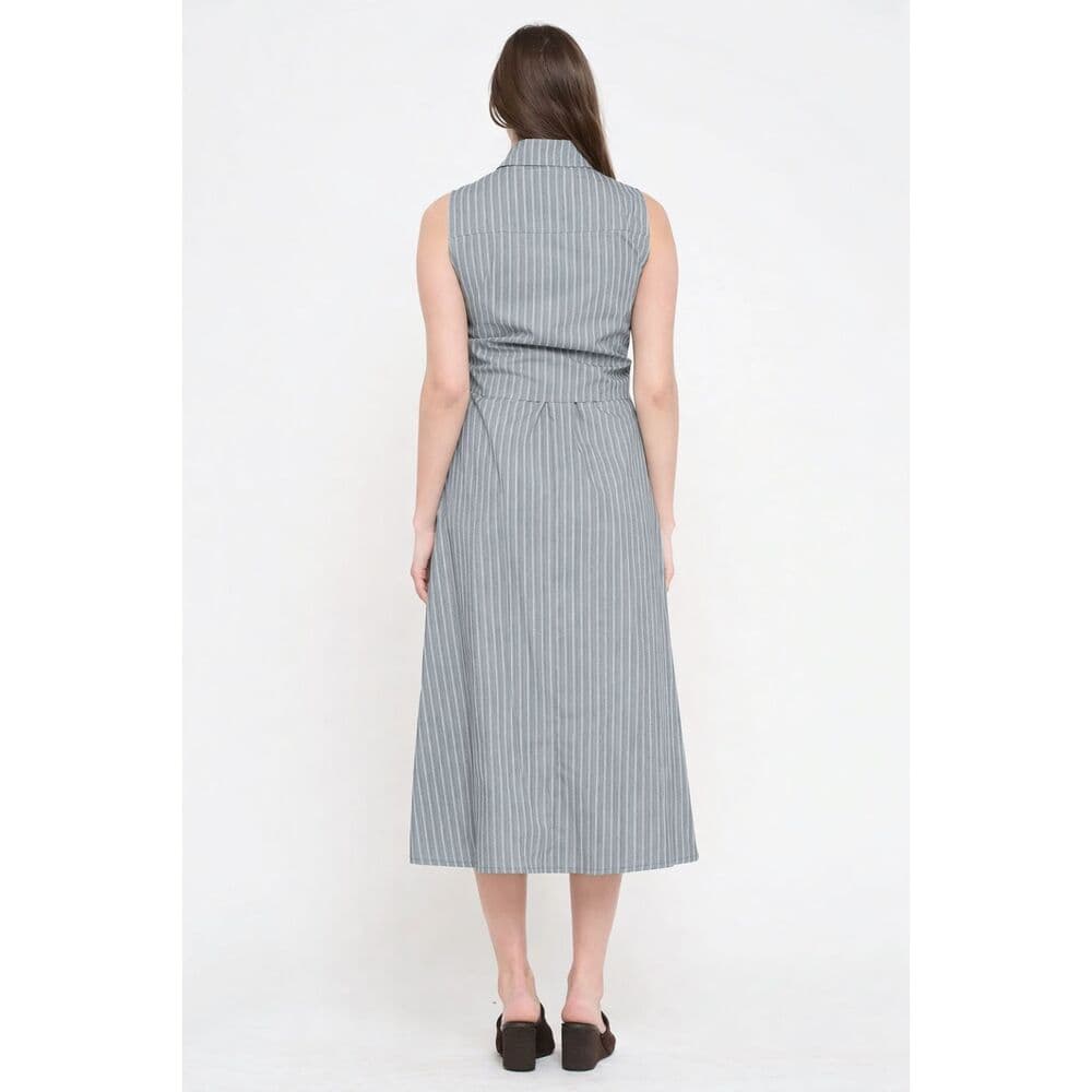 Gray and White Stripe Poplin Tie Shirt Dress - Thumbnail 2