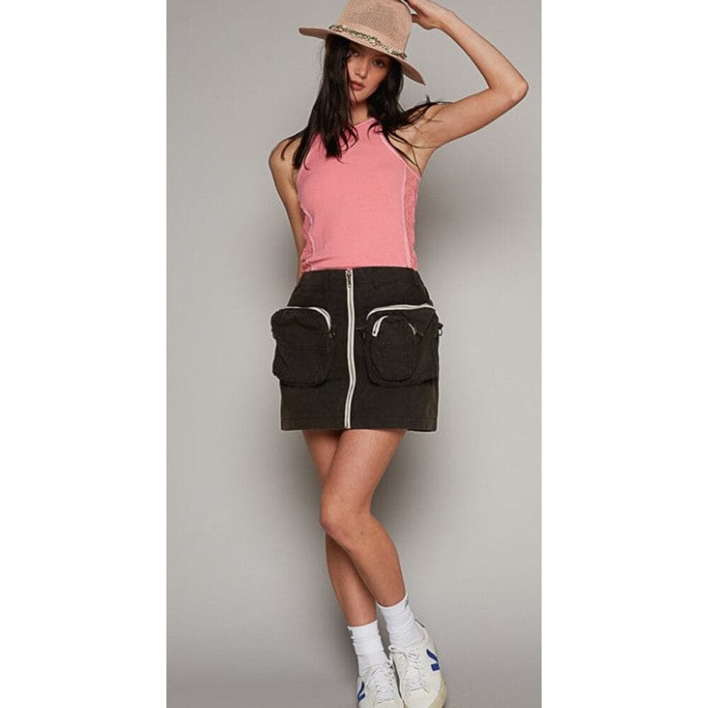 POL Cotton Cargo Utility Mini Skirt with Zip Pockets - Black - Thumbnail 3