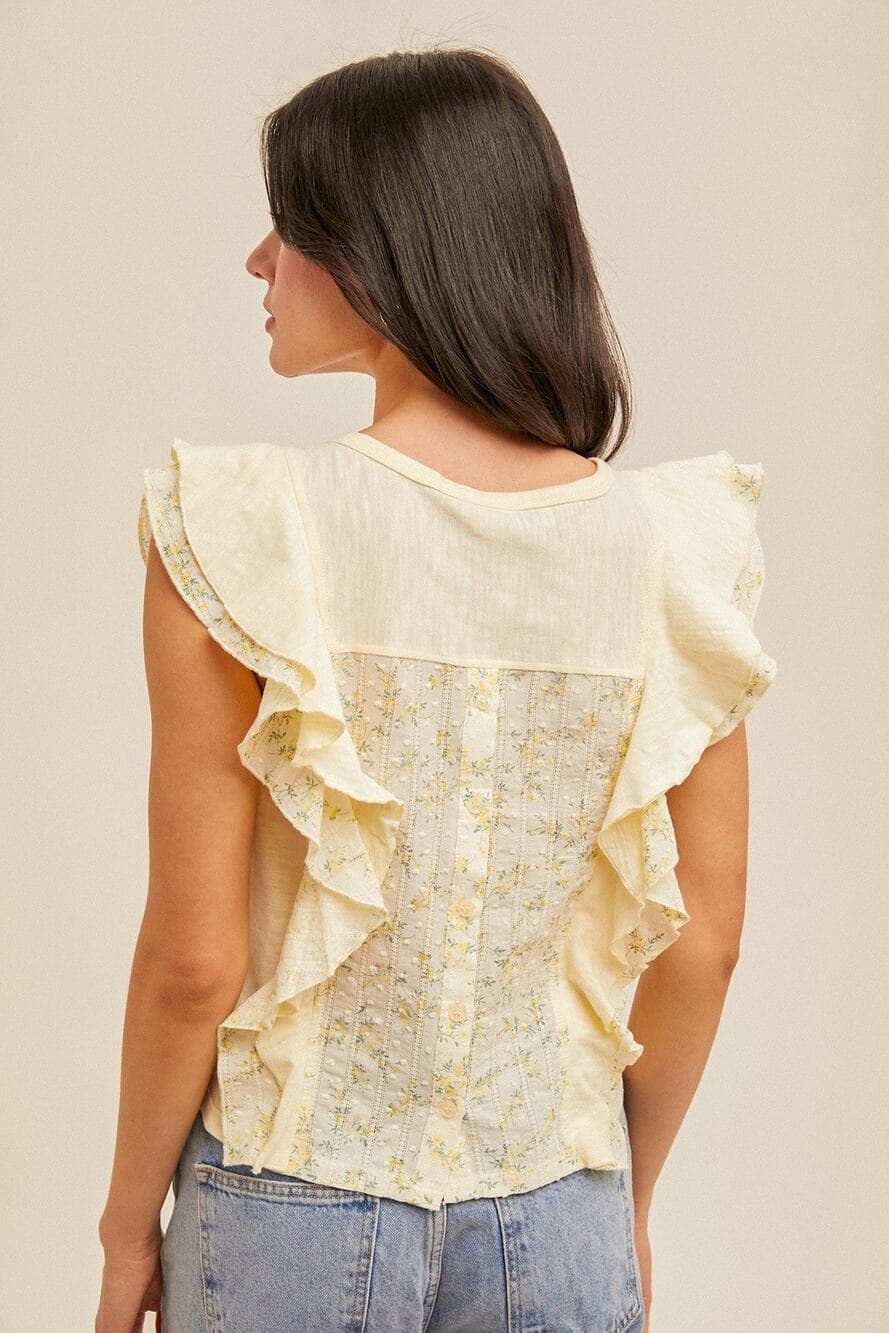 Daisy Print Contrast Flutter Ruffle Top