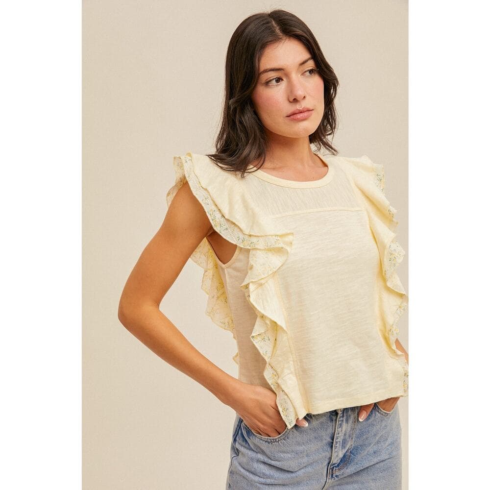 Daisy Print Contrast Flutter Ruffle Top - Thumbnail 3