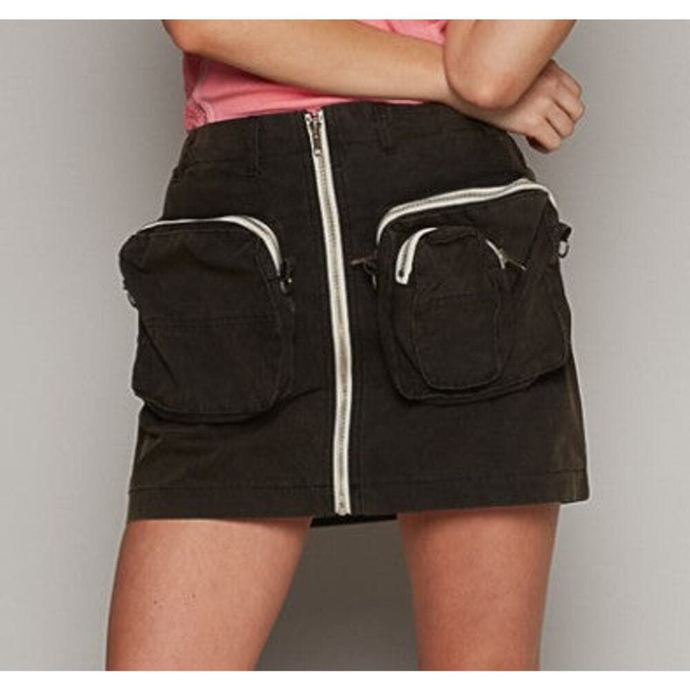 POL Cotton Cargo Utility Mini Skirt with Zip Pockets - Olive - Thumbnail 3