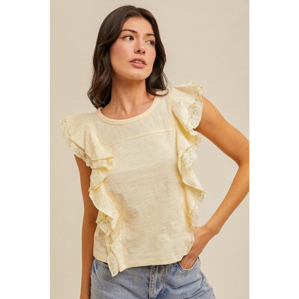 Daisy Print Contrast Flutter Ruffle Top - Thumbnail 2