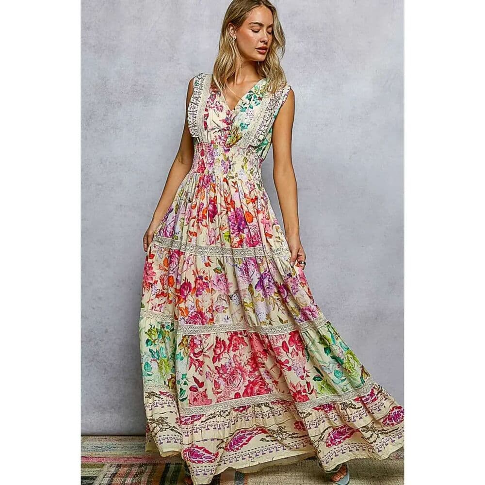 POL Feminine V-Neck Smocked Waist Ruffle Floral Maxi Dress - Thumbnail 5