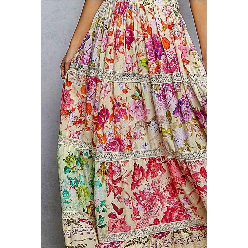 POL Feminine V-Neck Smocked Waist Ruffle Floral Maxi Dress - Thumbnail 6