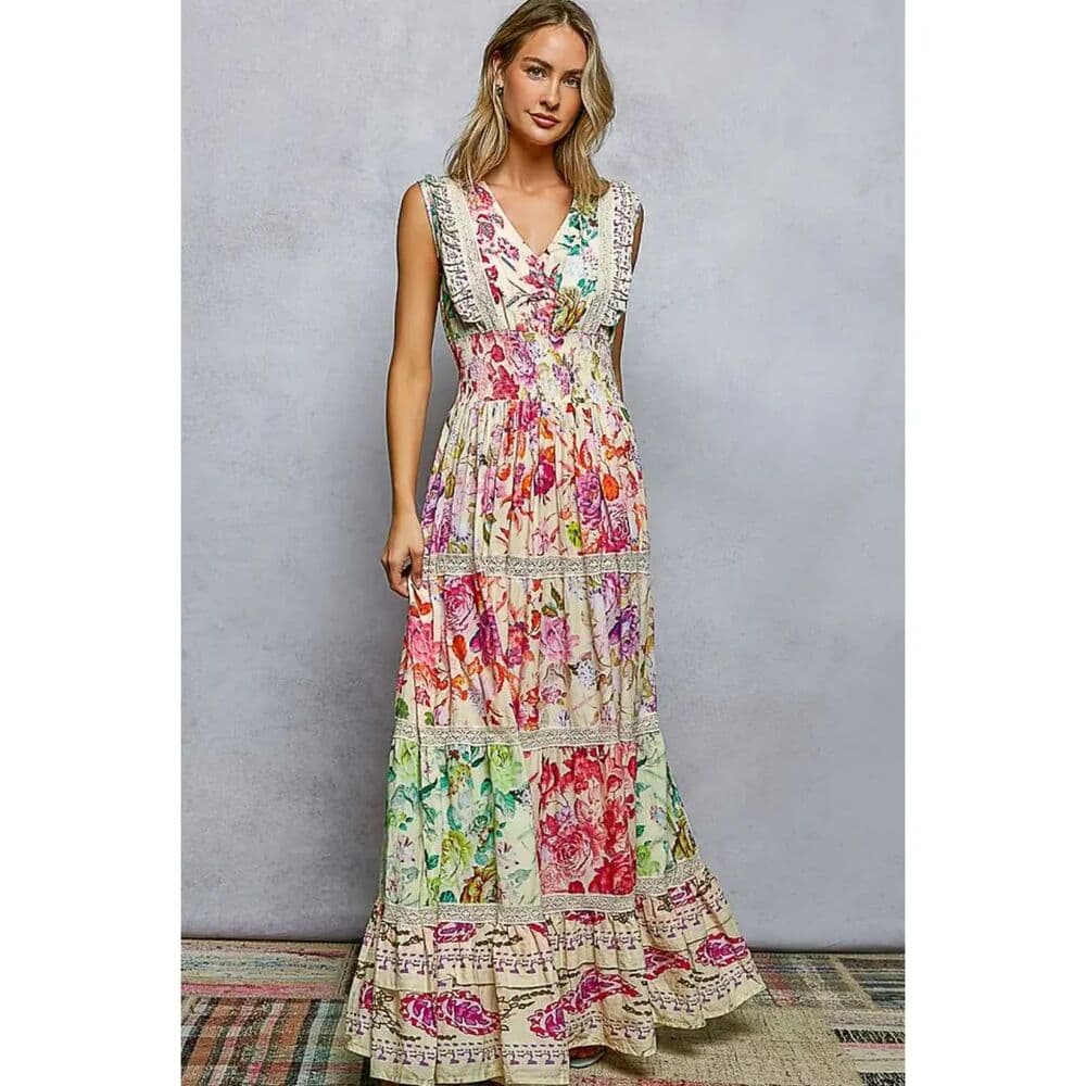 POL Feminine V-Neck Smocked Waist Ruffle Floral Maxi Dress - Thumbnail 4