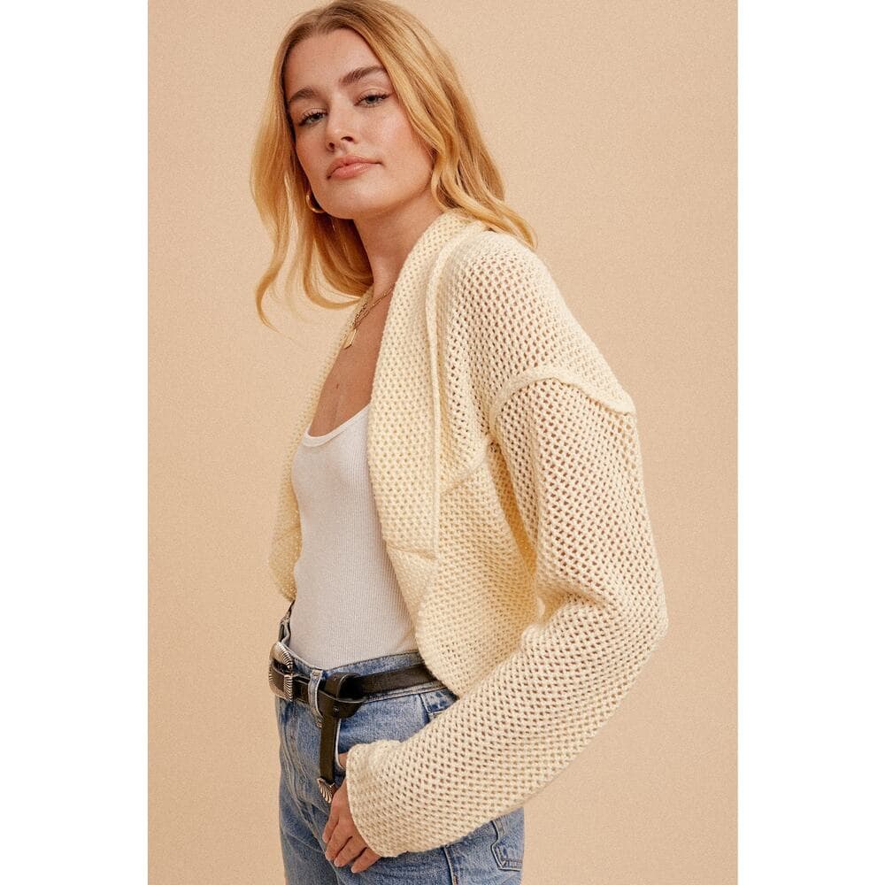 Open Crochet Knit Bolero - Cream - Thumbnail 2