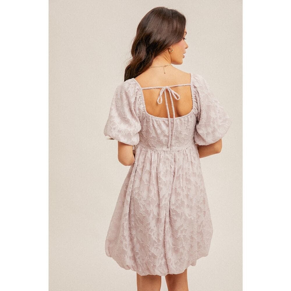 Chiffon Jacquard Print Square Neck Bubble Dress - Thumbnail 3