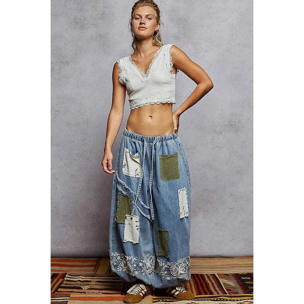 POL Vintage Washing Floral Pattern Double Gauze Lace Jogger Pant - Thumbnail 3