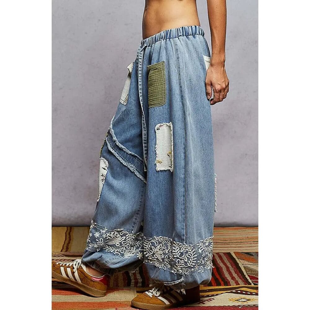 POL Vintage Washing Floral Pattern Double Gauze Lace Jogger Pant - Thumbnail 4