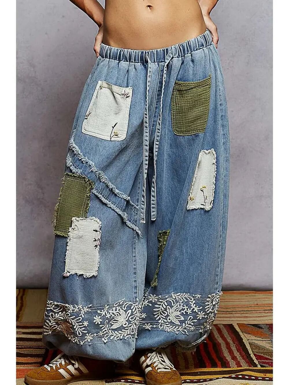 POL Vintage Washing Floral Pattern Double Gauze Lace Jogger Pant