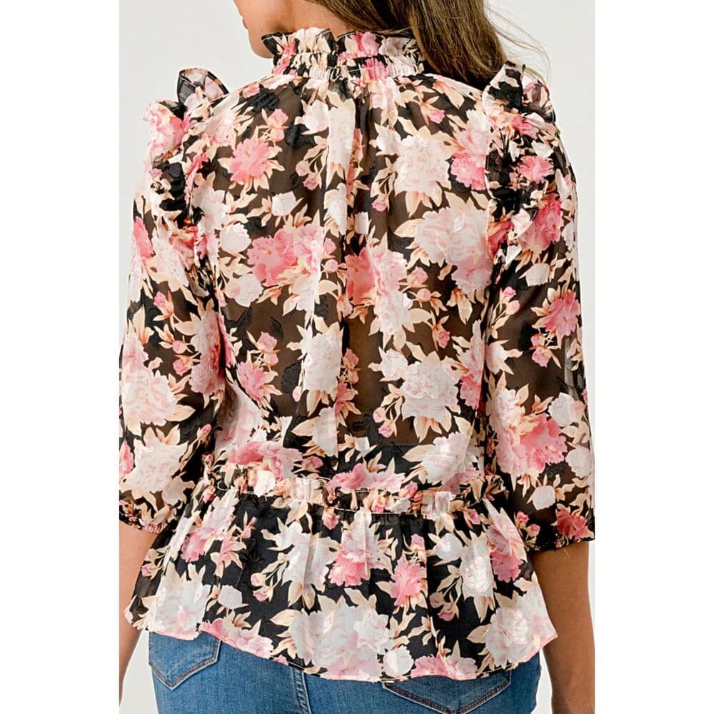 Hi Low Long Sleeve Blouse Floral Chiffon Top - Thumbnail 3