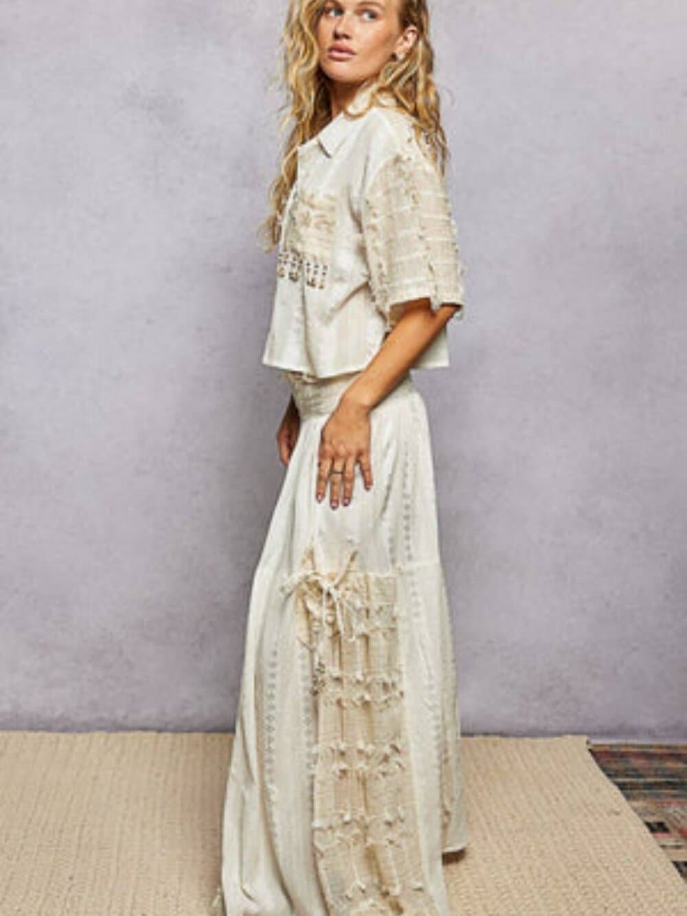POL Boho Ruffle Contrast Shell Trim Wide Leg Pants - Thumbnail 4