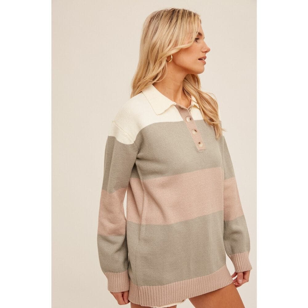 Oversize Color Block Collared Sweater - Thumbnail 2