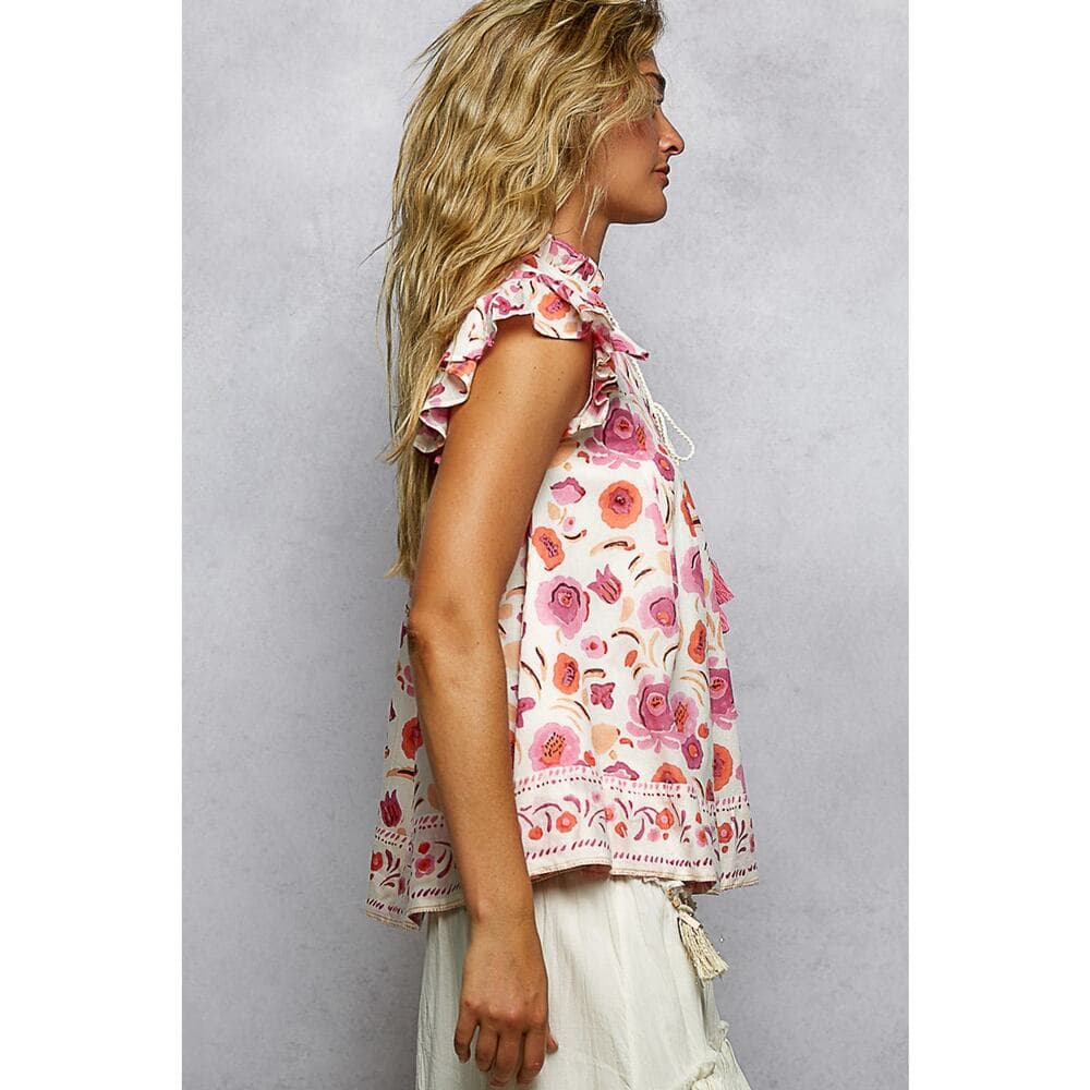 POL V-Neck Floral Shirred Ruffle Short Sleeve Top - Thumbnail 2