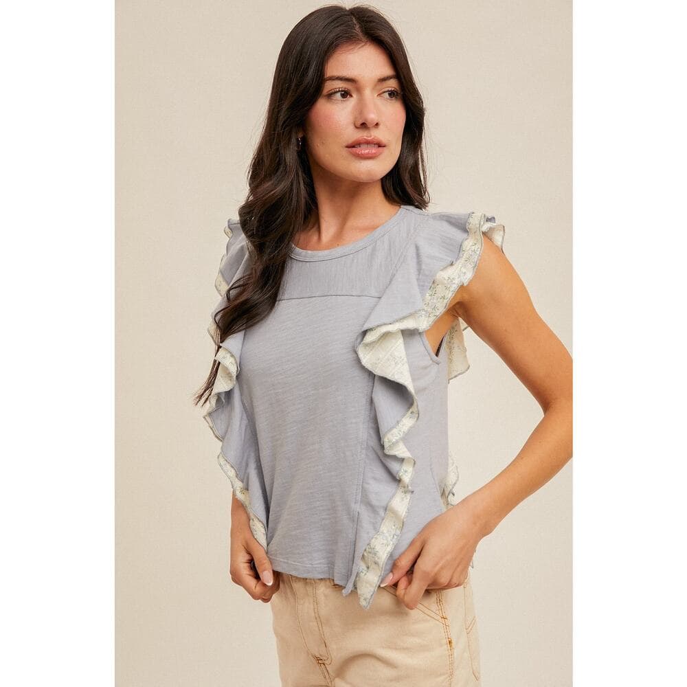 Daisy Print Contrast Flutter Ruffle Top - Thumbnail 3