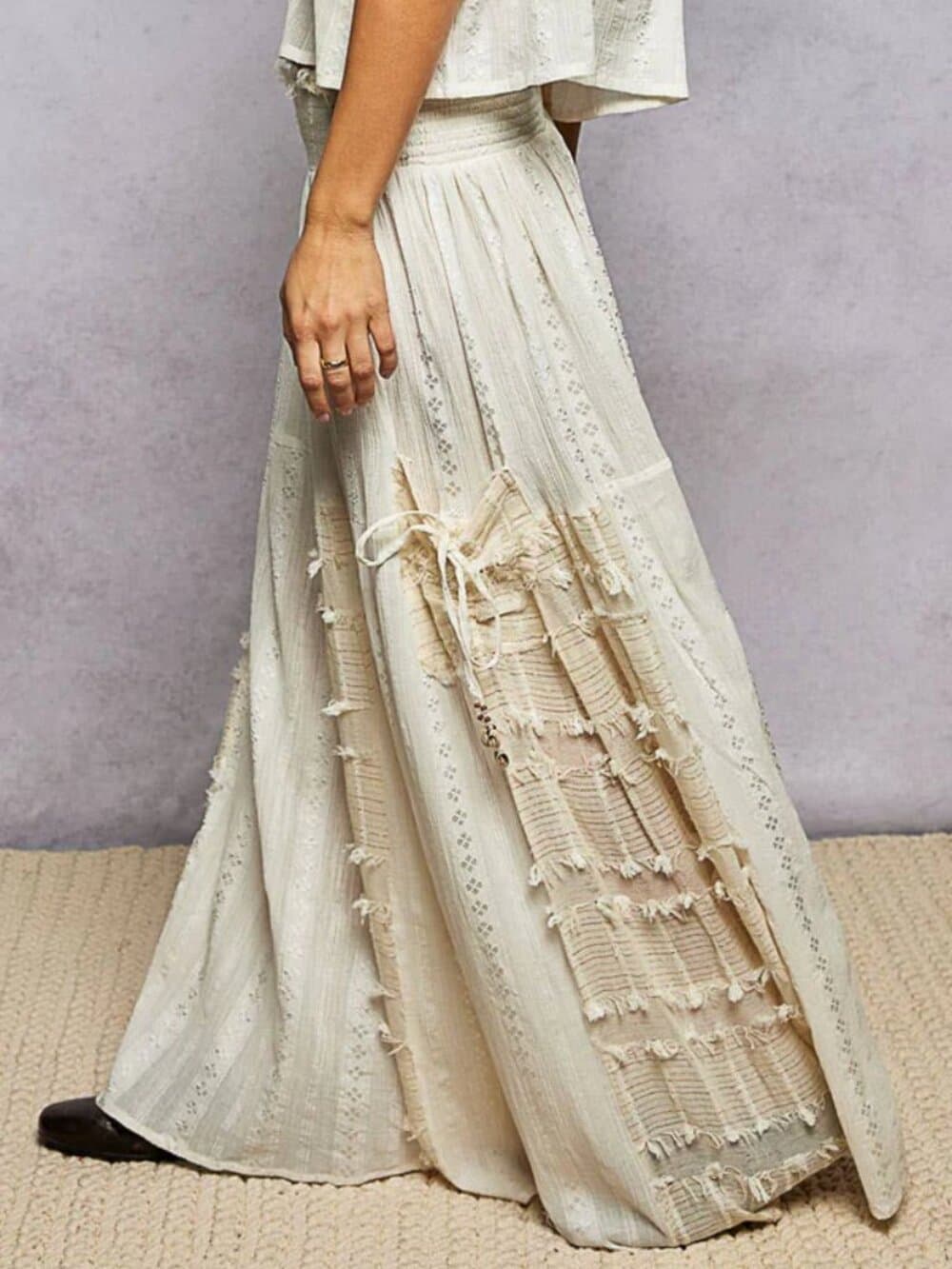 POL Boho Ruffle Contrast Shell Trim Wide Leg Pants