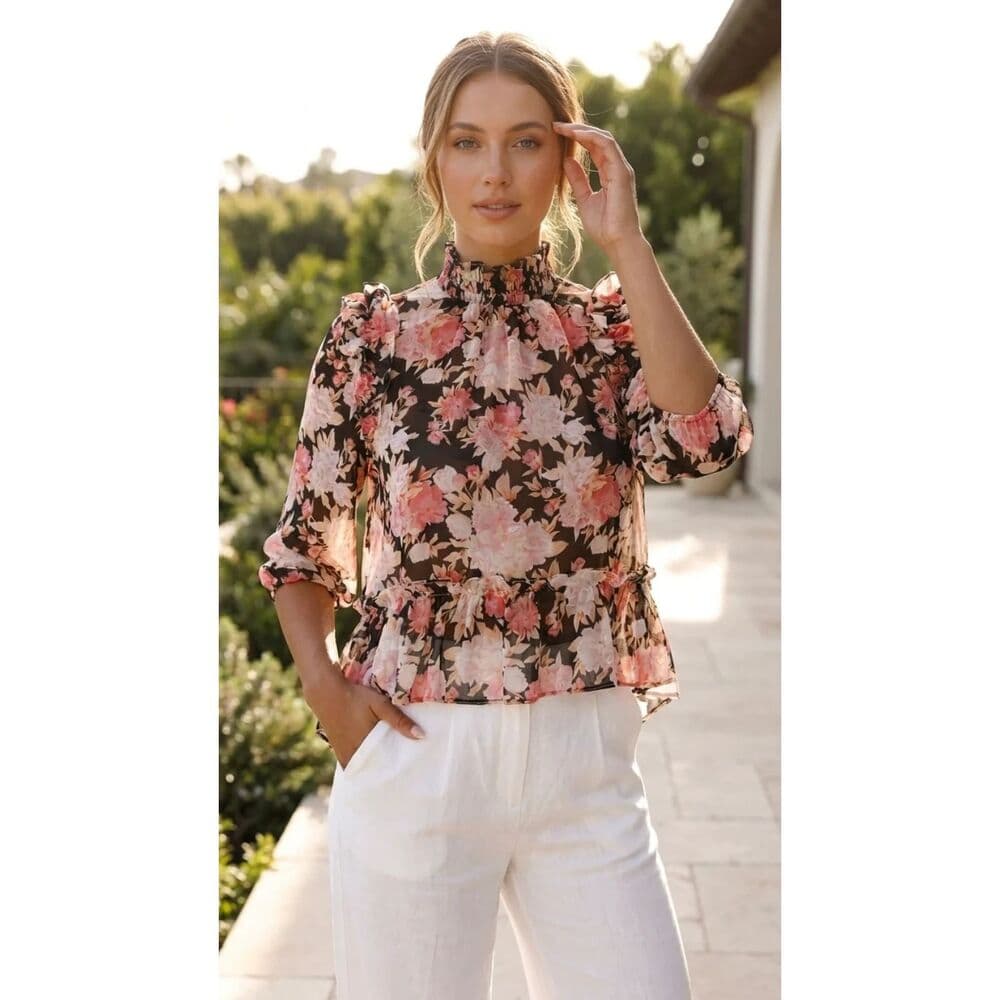 Hi Low Long Sleeve Blouse Floral Chiffon Top