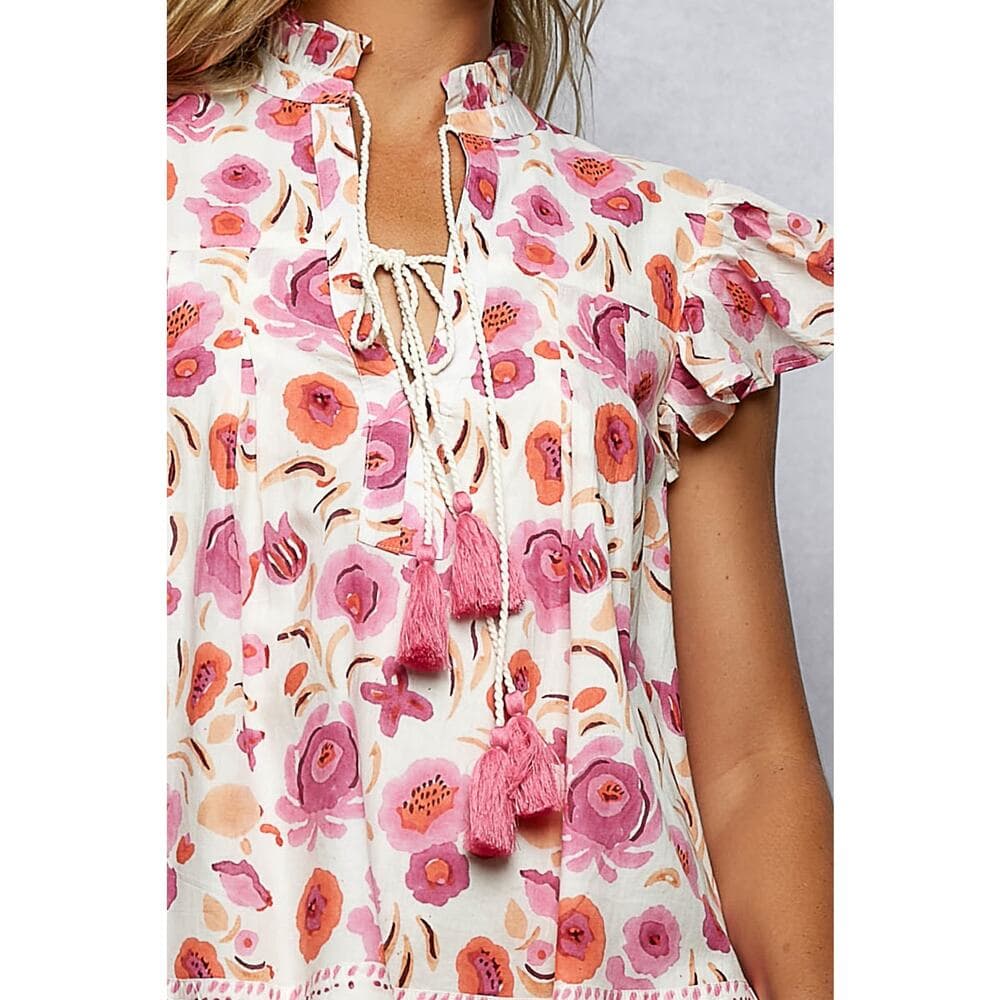 POL V-Neck Floral Shirred Ruffle Short Sleeve Top - Thumbnail 4