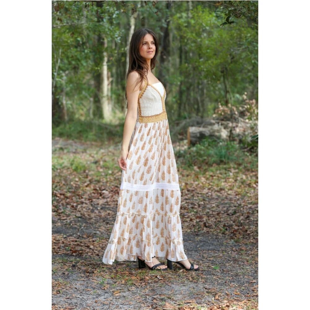 Boho Spaghetti Strap Crochet Garden Dress (Beige) - Thumbnail 4