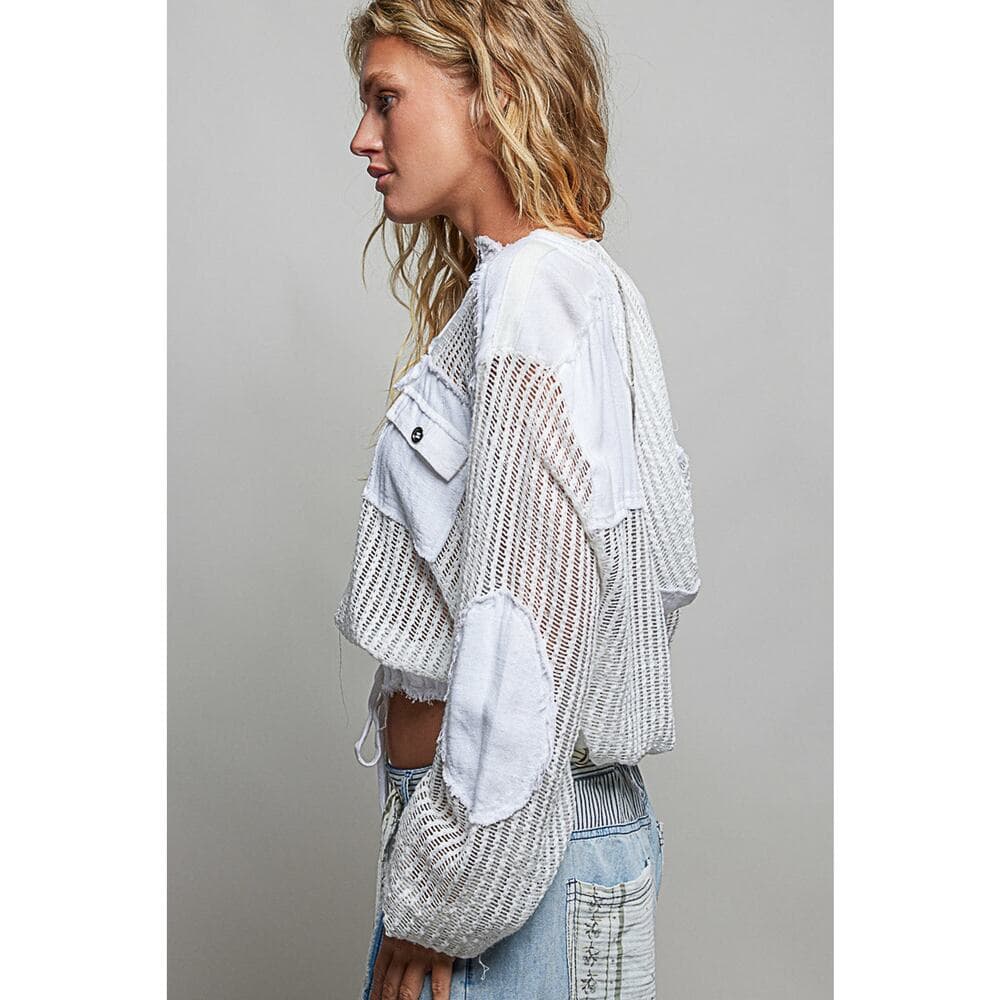 POL Open Knit Button Down Pocket Front Hooded Shirt Top - Thumbnail 3