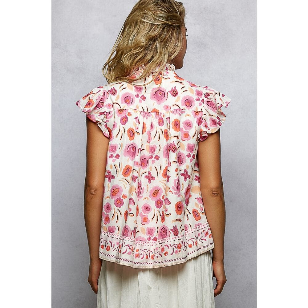 POL V-Neck Floral Shirred Ruffle Short Sleeve Top - Thumbnail 3