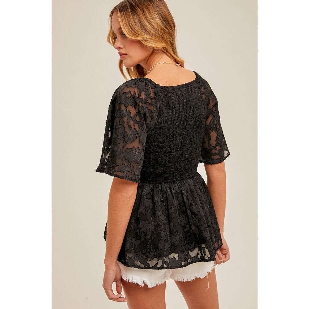 V-neck Flutter Sleeve Smocked Peplum Top - Thumbnail 3