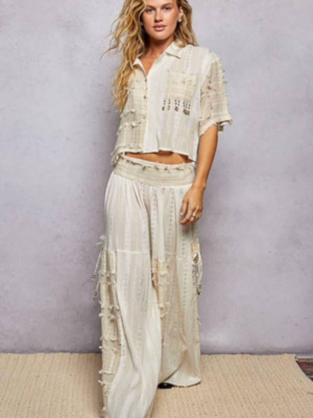 POL Boho Ruffle Contrast Shell Trim Wide Leg Pants - Thumbnail 3