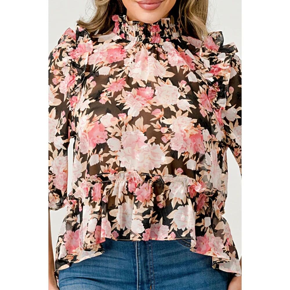 Hi Low Long Sleeve Blouse Floral Chiffon Top - Thumbnail 2